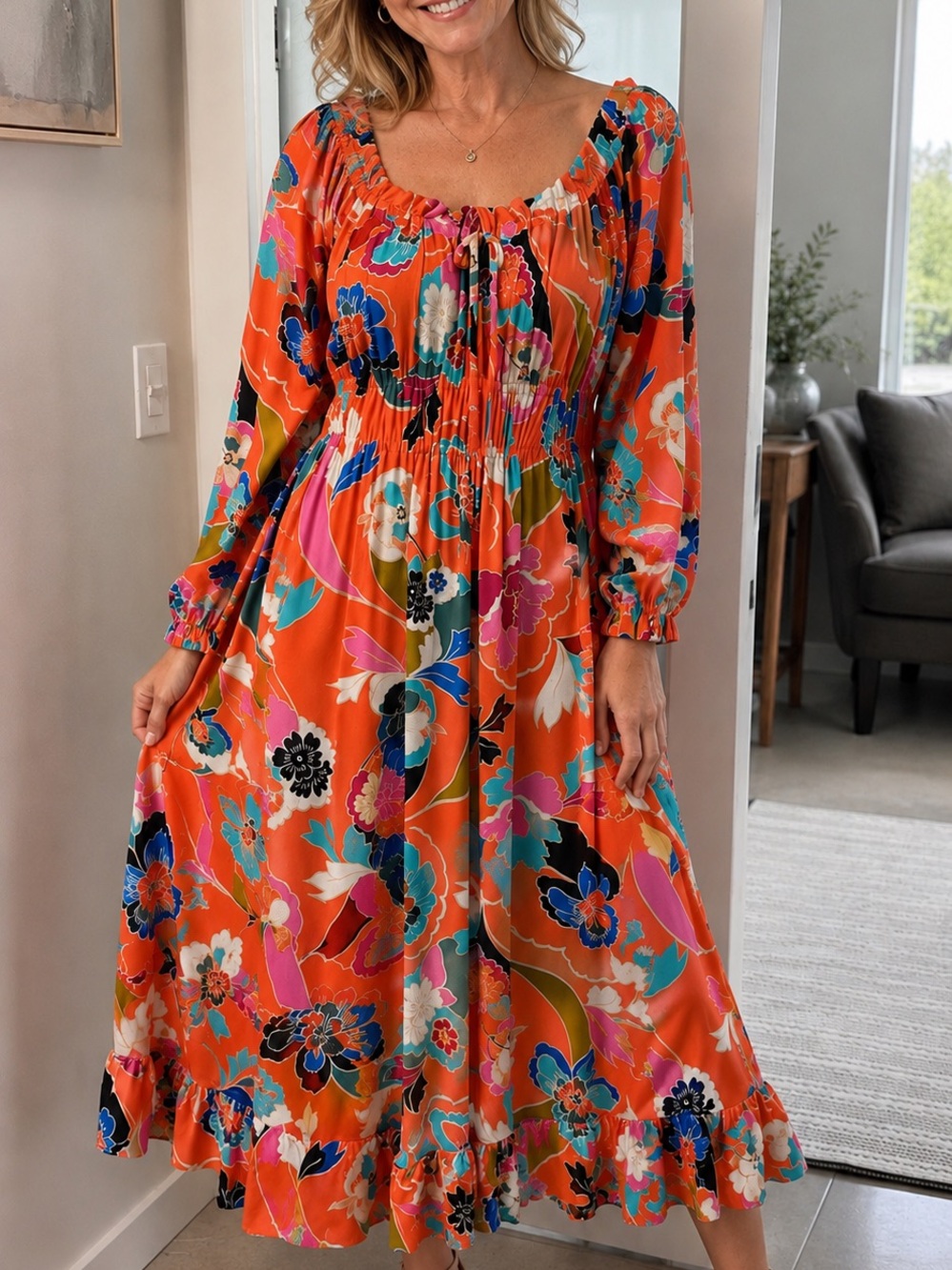 Boho Sophia Women's Orange Floral Smocked Maxi Dress with Long Sleeves